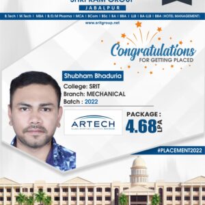 Shri Ram Group congratulates Shubham Bhaduria for getting placed in ARTECH
